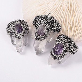 Nuggets Natural Crystal & Amethyst Pendants, with Polymer Clay Rhinestones and Platinum Tone Brass Findings, Size: about 18~40mm wide, 25~51mm long, 15~20mm thick, hole: 2mm.