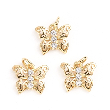 Brass Micro Pave Cubic Zirconia Pendants, with Jump Ring, Butterfly, Clear, Golden, 10.5x12x2mm, Hole: 3mm