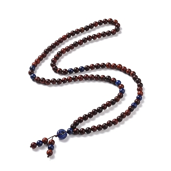 Wood & Lapis Lazuli Beads Necklaces, Natural Sodalite Pendant Necklaces, Mala Prayer Necklaces, Coconut Brown, 33.86 inch(86cm)