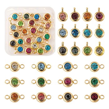 24Pcs 12 Colors 304 Stainless Steel Rhinestone Charms & Links connectors, Birthstone Charms, Flat Round, Mixed Color, 9.3x6.5x4mm, Hole: 2mm, 12x6.5x4mm, Hole: 2mm