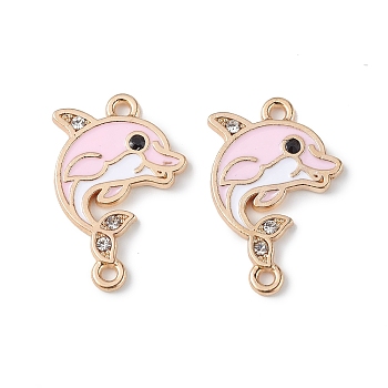 Alloy Enamel Connector Charms, Dolphin Links with Crystal Rhinestone, Light Gold, Cadmium Free & Nickel Free & Lead Free, Pink, 23x15.5x1.5mm, Hole: 1.5mm