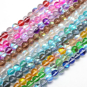 Synthetic Moonstone Beads Strands, Dyed, Holographic Beads, Half AB Color Plated, Round, Mixed Color, 8mm, Hole: 1mm, about 49pcs/strand, 15 inch