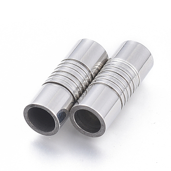 304 Stainless Steel Magnetic Clasps with Glue-in Ends, Textured, Column, Stainless Steel Color, 21x8x8mm, Hole: 5.5mm and 6mm