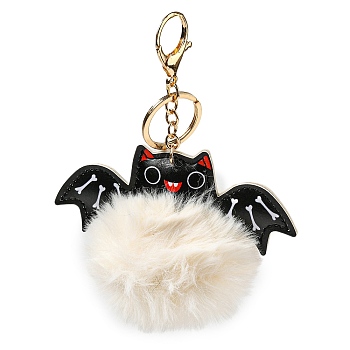 Halloween Alloy Keychain, with PU Imitation Leather and Plush Pompom, Bat, White, 15.35cm