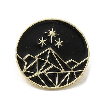 Enamel Pins, Alloy Brooches for Backpack Clothes, Flat Round with Mountain & Star, Golden, 29x1.5mm