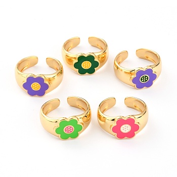 Brass Enamel Cuff Rings, Open Rings, Flower, Real 18K Gold Plated, Mixed Color, US Size 6, Inner Diameter: 17mm
