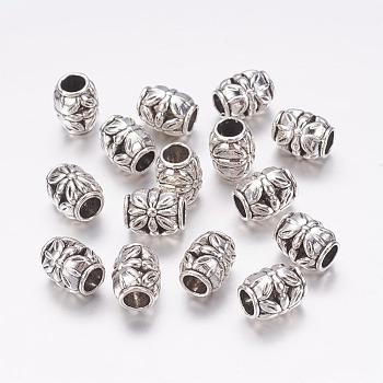 Tibetan Style Alloy Beads, Lead Free & Nickel Free & Cadmium Free, Barrel with Flower Pattern, Antique Silver, about 8.5mm in diameter, 10.5mm thick, hole: 4.5 mm