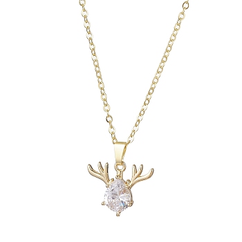 Christmas Deer Head Glass Pendant Necklaces, Brass Cable Chain Necklaces for Women, Golden, 15.75 inch(40cm)