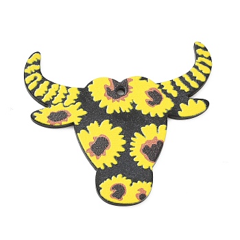 Western Cowboy Style Printed Acrylic Pendants, Cattle Head with Chrysanthemum Pattern Charm, Cattle, 40x42x1.5mm, Hole: 1.5mm