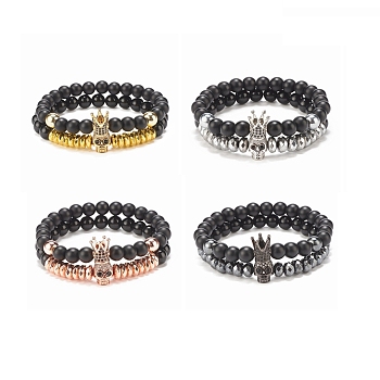 2Pcs 2 Style Synthetic Hematite & Black Stone & Natural Obsidian Stretch Bracelets Set with Cubic Zirconia Skull, Gemstone Jewelry for Women, Mixed Color, Inner Diameter: 2-3/8 inch(6cm), 1Pc/style