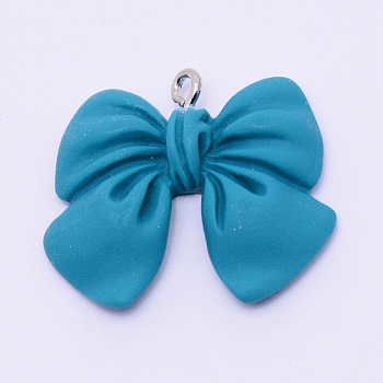 Resin Pendants, with Platinum Plated Iron Screw Eye Pin Peg Bails, Bowknot, Steel Blue, 25x28x5mm, Hole: 1.8mm