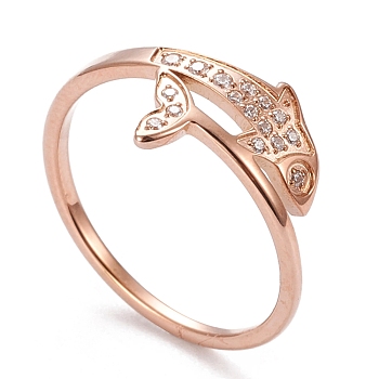 304 Stainless Steel Finger Rings, with Clear Cubic Zirconia, Fish, Rose Gold, Size 6~9, 16.5~18.9mm