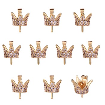 10Pcs Brass Micro Pave Cubic Zirconia Peg Bails Pendants, for Half Drilled Bead, Nickel Free, Crown, Golden, Clear, 12x10mm, Hole: 2mm, pin: 0.7mm(for half drilled beads)
