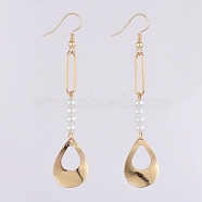 Dangle Earrings, with Glass Pearl Beads, Brass Pendants and Earring Hooks, Teardrop, Real 18K Gold Plated, 78mm, Pin: 0.7mm(EJEW-JE03968-05)