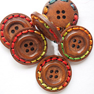 Round 4-holeButtons with Colorful Thread Wrapped, Wooden Buttons, Saddle Brown, 25mm in diameter(X-NNA0Z51)