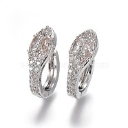 Brass Hoop Earrings, with Micro Pave Cubic Zirconia, Snake, Clear, Platinum, 18.5x7.2x15mm, Pin: 1mm(KK-I648-14P)
