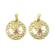 Rack Plating Brass Micro Pave Cubic Zirconia Pendants, Long-Lasting Plated, Real 18K Gold Plated, Lead Free & Cadmium Free, Round with Human, Red, 24.5x22x3mm, Hole: 5x3mm(KK-R157-13C-G)