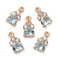 K9 Glass Charms, with Light Gold Tone Brass Findings and Rhinestone, Heart Charms, Aquamarine, 13x7x4mm, Hole: 1.2mm(FIND-C036-07KCG-02)