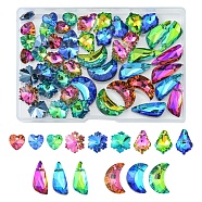 48Pcs 15 Style Glass Rhinestone Pendants, Heart & Snowflake & Teardrop & Leaf & Moon, Mixed Color, 14~22x9.5~13x4.5~7mm, Hole: 1.2~1.5mm(EGLA-YW0001-41)