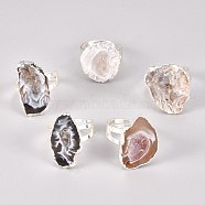 Adjustable Natural Druzy Agate Finger Rings, with Brass Findings, Silver, US Size 8, Inner Diameter: 18~19mm(RJEW-L079-L-S)