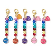 Mother's Day Flat Round with Word Mom & Heart Alloy Enamel Pendant Decorations, Glass Beads and Lobster Claw Clasps Charm, Mixed Color, 76mm(HJEW-JM01510)