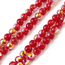 Transparent Electroplate Glass Beads Strands, Faceted(96 Facets), Round, AB Color Plated, Red, 7.5~8x7mm, Hole: 1.2mm, about 70~72pcs/strand, 20.08~20.47 inch(51~52cm)(EGLA-F151-AB02)