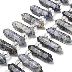 Natural Blue Spot Jasper Double Terminated Point Beads Strands, with Glass Beads, Faceted Bullet, Top Drilled, 31~33x7~9x7~9mm, Hole: 1mm, about 26~27pcs/strand, 15.16~15.75''(38.5~40cm)(G-H069-A10-01)