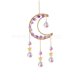 Natural Amethyst Chips Moon & Glass Teardrop Suncatchers, Hanging Ornaments Home Garden Decoration, Golden, 400mm(PW-WG75240-03)