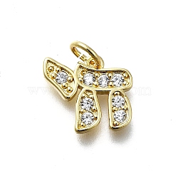 Brass Micro Pave Cubic Zirconia Pendants, Hebrew Letter Chai Charms, Long-Lasting Plated, Lead Free & Cadmium Free, Rack Plating, with Jump Ring, Real 18K Gold Plated, 11x12x2mm, Hole: 3mm(X-KK-K400-36G)
