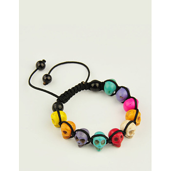 Fashion Bracelets for halloween, with Colorful Skull Synthetic Turquoise Beads, Glass Beads and Nylon Thread, Colorful, 53~90mm