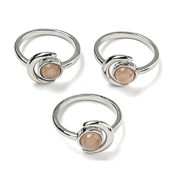 Natural Sunstone Adjustable Rings, with Platinum Brass Findings, Long-Lasting Plated, Jewely for Women, Moon with Round, US Size 8(18.1mm).