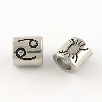 Smooth Surface 304 Stainless Steel European Bead, Large Hole Beads, Oval Constellation/Zodiac Sign Style, Cancer, 9x8.5x6.5mm, Hole: 4.5mm