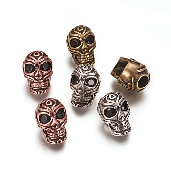 Brass Beads, with Cubic Zirconia, Long-Lasting Plated, Skull, Black, Mixed Color, 17.5~18x12x14~14.5mm, Hole: 5mm