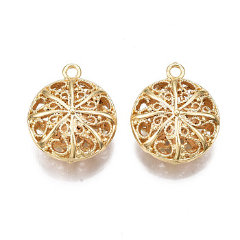 Brass Pendants, Hollow, Nickel Free, Flat Round, Real 18K Gold Plated, 23x19.5x10mm, Hole: 2mm
