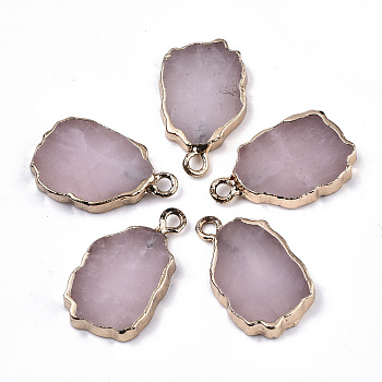 Natural Rose Quartz Pendants, with Light Gold Plated Edge and Iron Loop, Nuggets, 19~21x12x3mm, Hole: 1.6mm
