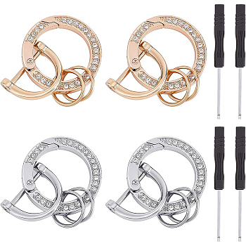 BENECREAT 2 Sets 2 Colors  Zinc Alloy Crystal Rhinestone Spring Gate Rings, with D Rings & Screwdriver, Platinum & Golden, 35x35mm, 2 sets/color