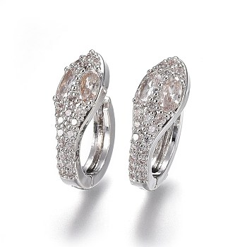Brass Hoop Earrings, with Micro Pave Cubic Zirconia, Snake, Clear, Platinum, 18.5x7.2x15mm, Pin: 1mm