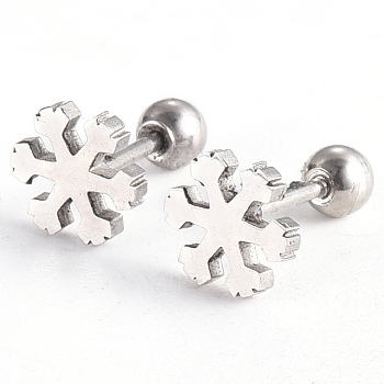 201 Stainless Steel Barbell Cartilage Earrings, Screw Back Earrings, with 304 Stainless Steel Pins, Snowflake, Stainless Steel Color, 8x8x2mm, Pin: 1mm