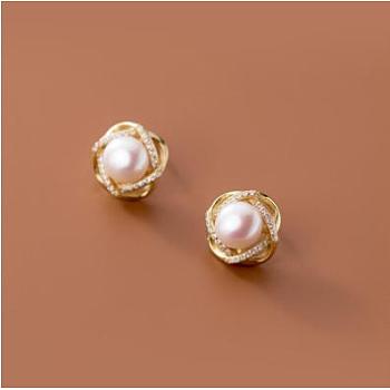 Natural Pearl Flower Stud Earrings, Brass Jewelry, Golden, 14mm, Pin: 0.7mm
