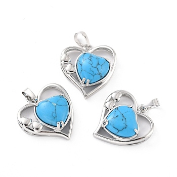 Synthetic Turquoise Pendants, with Platinum Tone Brass Findings, Cadmium Free & Lead Free, Heart, Valentine's Day, 28x26x5mm, Hole: 8x5mm