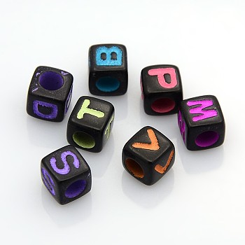 Solid Color Initial Acrylic Beads, Cube, Mixed Color, 6x6x6mm, Hole: 3.6mm, about 2500pcs/500g