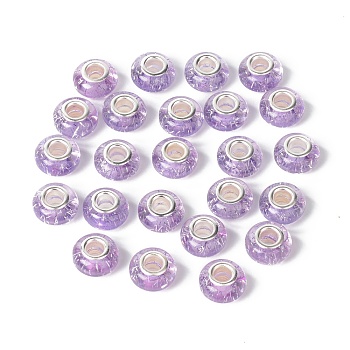 Rondelle Resin European Beads, Large Hole Beads, with Glitter Powder and Platinum Tone Brass Double Cores, Lilac, 13.5x8mm, Hole: 5mm