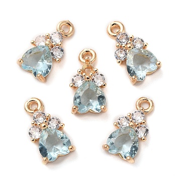 K9 Glass Charms, with Light Gold Tone Brass Findings and Rhinestone, Heart Charms, Aquamarine, 13x7x4mm, Hole: 1.2mm