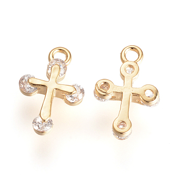 Brass Micro Pave Cubic Zirconia Charms, Cross, Golden, 13x8.5x2.5mm, Hole: 1mm