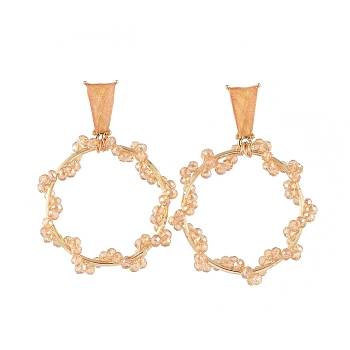 Glass Beads Dangle Ear Studs, with Brass Rings, Plastic Ear Nuts, Alloy Findings, Cardboard Box, Flower, Orange, 47mm, Pin: 0.7mm