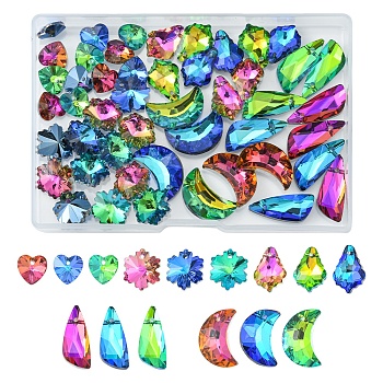 48Pcs 15 Style Glass Rhinestone Pendants, Heart & Snowflake & Teardrop & Leaf & Moon, Mixed Color, 14~22x9.5~13x4.5~7mm, Hole: 1.2~1.5mm