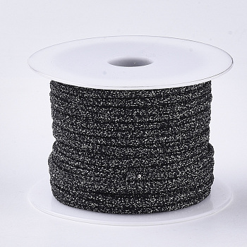 Polyester Braided Cords, with Metallic Cord, Black, 4x3mm, about 32.8 yards(30m)/roll