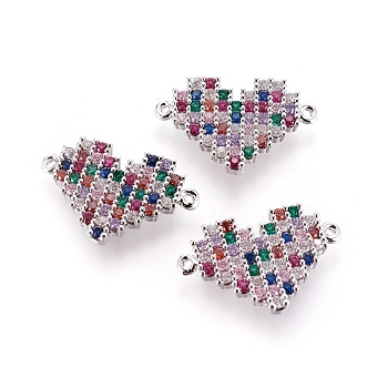 Brass Micro Pave Cubic Zirconia Links, Heart, Colorful, Platinum, 15.5x23.5x2.5mm, Hole: 1mm