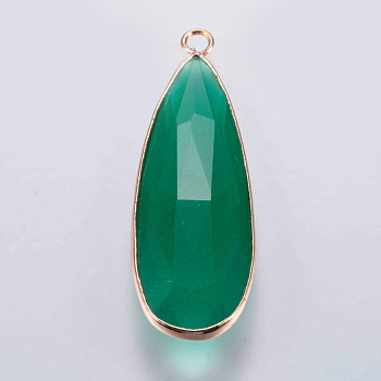 Glass Pendants, with Brass Finding, Faceted, teardrop, Golden, Green, 43x14x5.5mm, Hole: 2mm