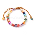 Adjustable Nylon Thread Braided Bead Bracelets, with Natural Cultured Freshwater Pearl Beads and Flat Round Brass Charms, Real 18K Gold Plated, Colorful, Inner Diameter: 2-1/8~3-1/2 inch(5.5~9cm)(BJEW-SZ0001-42C)